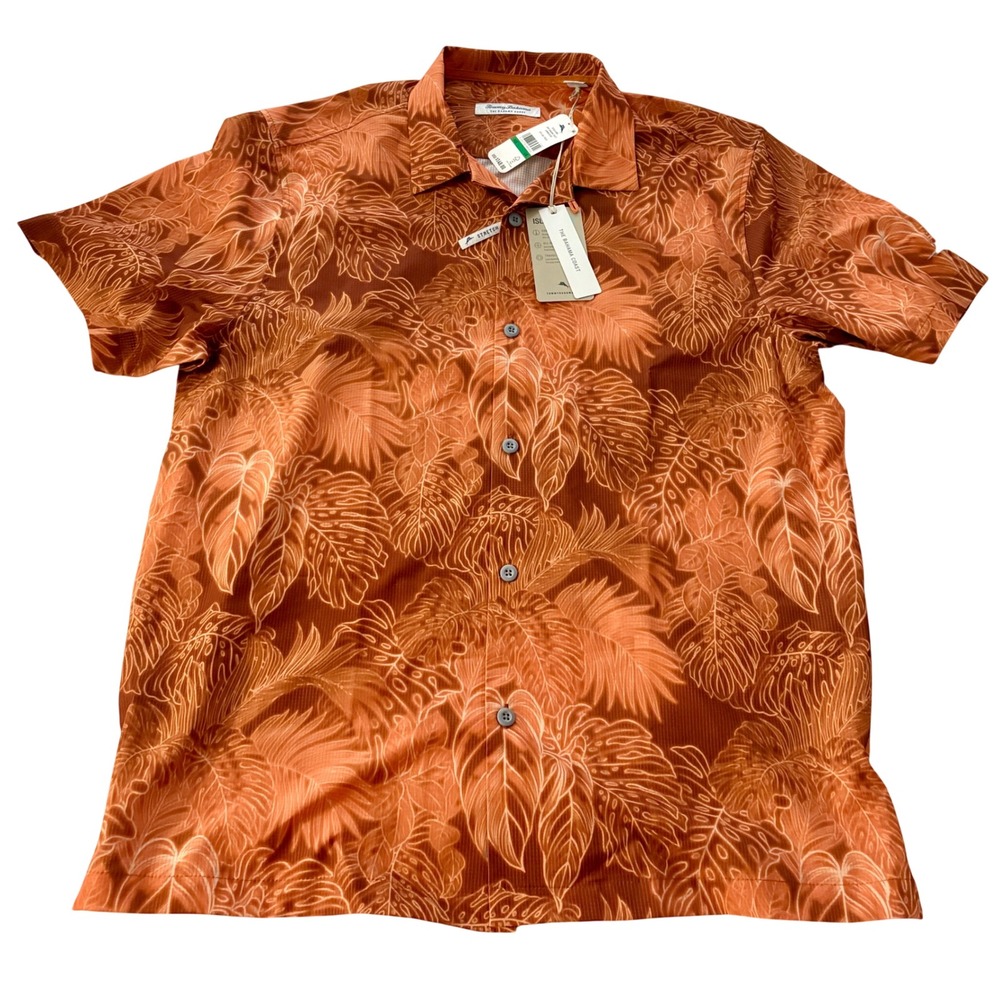 Tommy Bahama Shirt Mens Large Burnt Orange Leaf Hawaiian Stretch Button Up